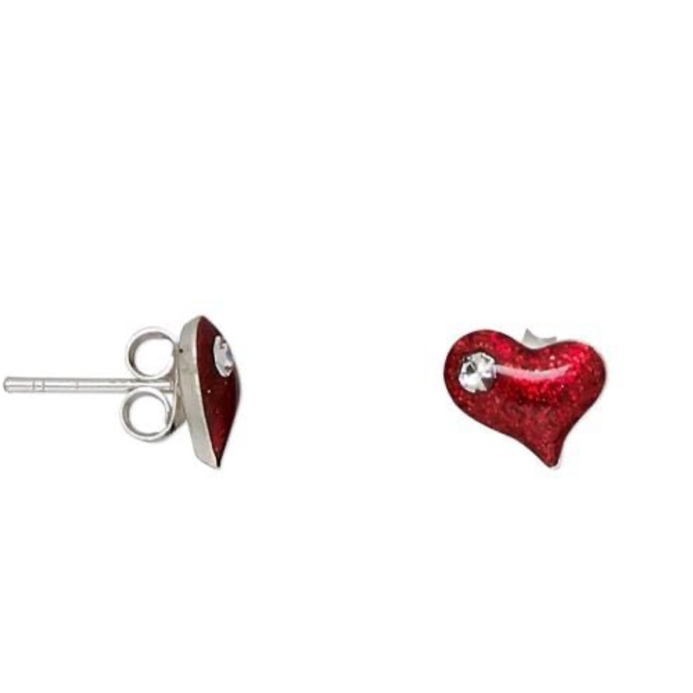 Sterling Silver Red Heart Stud Earrings - Picture 2 of 5